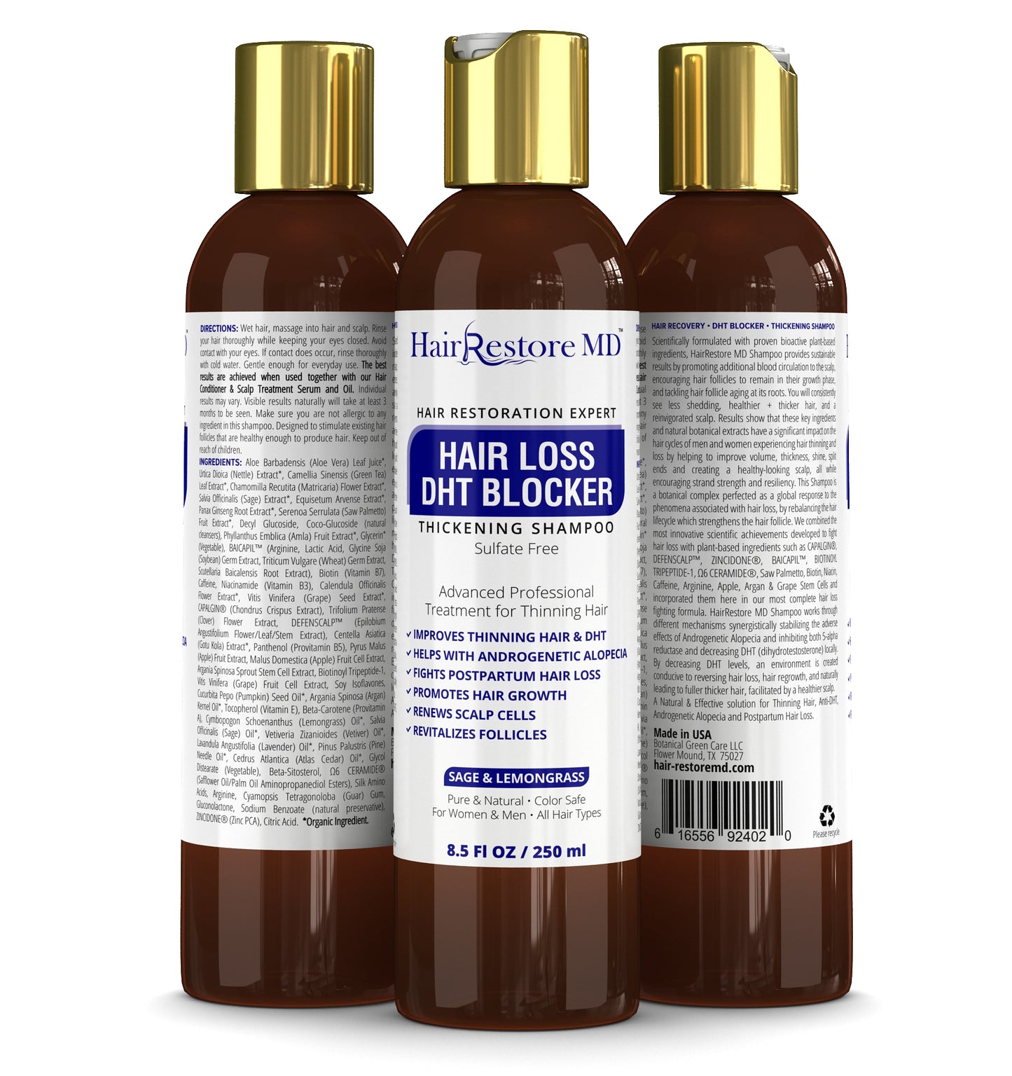 Hair Loss DHT Blocker Sulfate-Free Shampoo. Sage & Lemongrass. Alopecia Prevention. Doctor Developed.