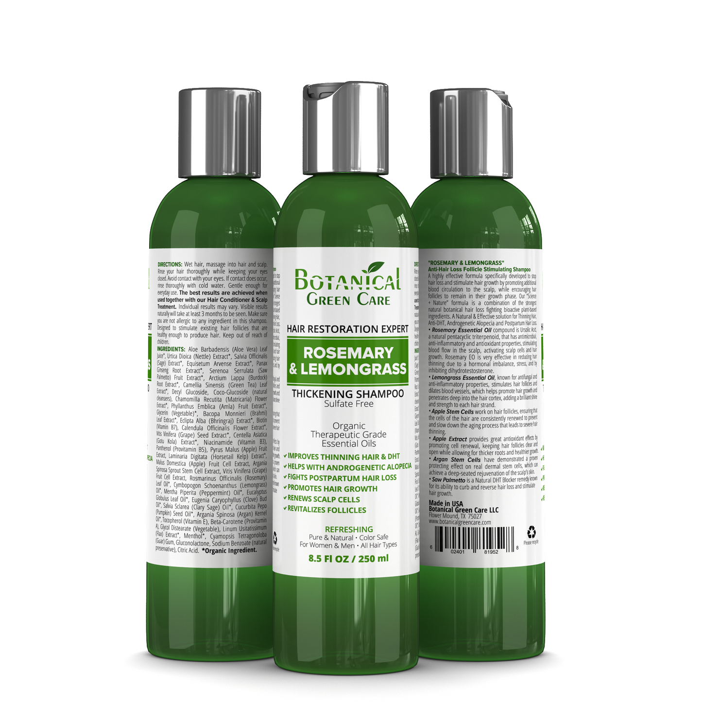 Hair Growth/Anti-Hair Loss Sulfate-Free Shampoo “Rosemary & Lemongrass”. Alopecia Prevention and DHT Blocker.